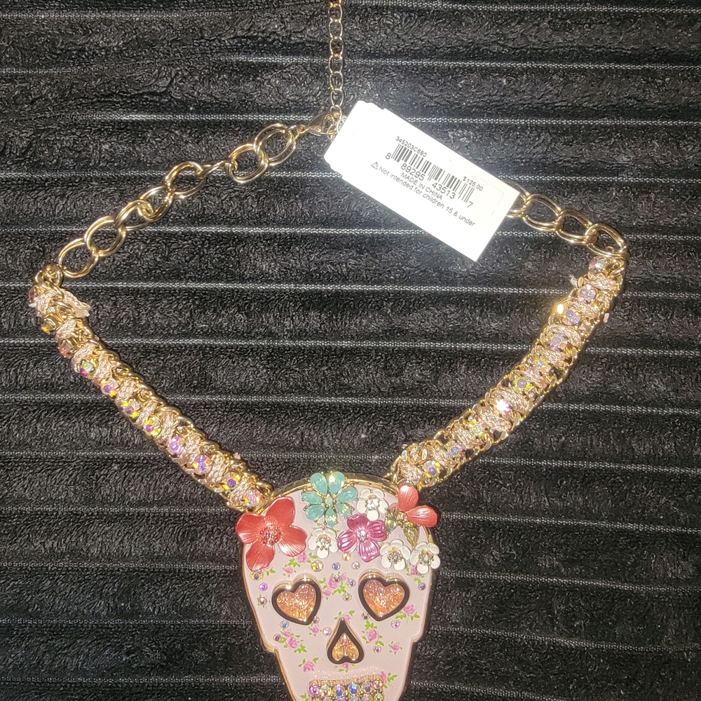 Betsey Johnson Gold Skull Necklace with Multicolor Floral Accents